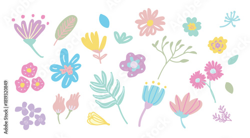 pastel floral decoration concept,Flower clipart Set 9, Design for floral ornament cards, fabric patterns, beauty products and print on demand,lora, bloom,leaf,lively,softness,blue,yellow,green,pink