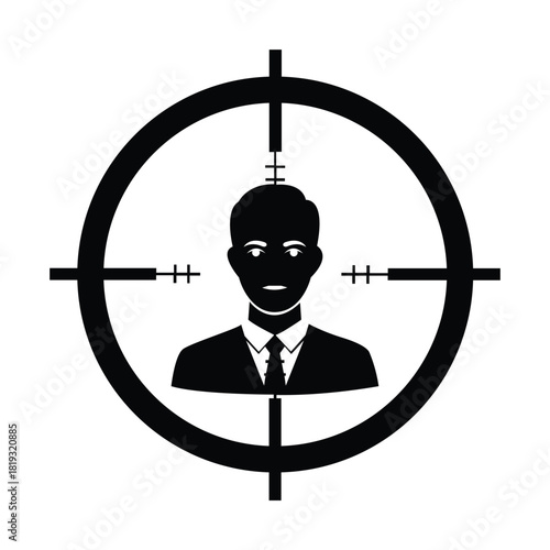 Black and white vector graphic of a businessman silhouette centered in a sniper scope crosshair symbol.