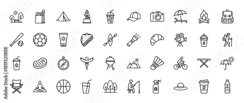 Outdoor leisure line icon set. Vector pictograms of camping tent, backpack, campfire, camera, beach umbrella, sports equipment, and travel accessories, thin linear illustration.