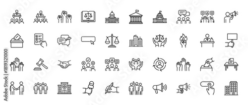 Government and political affairs line icon set. Vector pictograms of speaker, capitol, justice scales, voting, protest, megaphone, and participation, thin linear illustration.