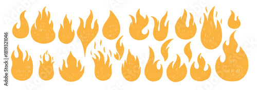 Collection of hand drawn fire flames with crayon, pastel, chalk or pencil texture. Grunge elements in doodle style. Yellow vector illustration on a white background.