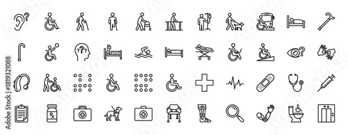 Disability and accessibility line icon set. Vector pictograms of wheelchair users, support devices, medical equipment, and communication aids, thin linear illustration.