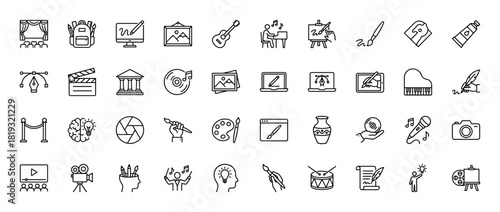 Creative arts line icon set. Vector pictograms of easel, piano, guitar, camera, microphone, clapperboard, paint palette, drawing tablet, and musical notes, thin linear illustration.