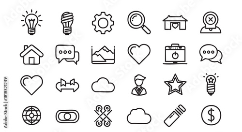 Collection of hand drawn doodle icons on a white background