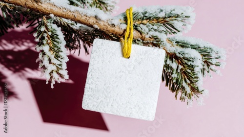 Christmas pine branch covered in snow, white blank tag attached with yellow string, set against soft pink background, ideal for holiday greeting card, festive decor or seasonal gift label design.