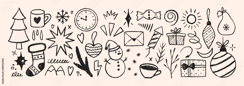 Fototapeta premium Set of elements for xmas illustration with crayon, pastel or chalk texture. Hand drawn vector illustration.