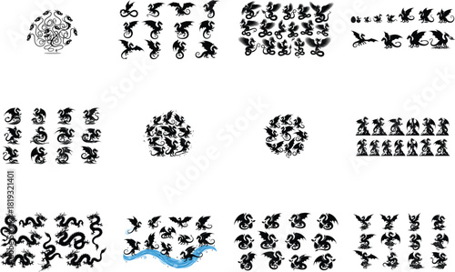 Collection of Dragon Silhouettes and Designs Keywords: dragon, silhouette, mythical creature