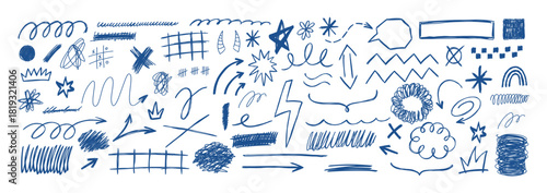 Grunge scrawls, charcoal scribbles, rough brush strokes, underlines and arrows. Pencil sketches, grunge style drawing. Scrawls texture.