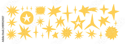 Crayon star, hand drawn pencil or brush doodle illustration. Crayon twinkle, blink, firework, glitter silhouette and glowing symbols in sketch style.