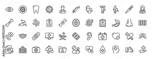 Healthcare line icon set. Vector pictograms of doctor, syringe, IV drip, virus, tooth, eye, bone, stomach, intestine, brain, nose, ear, pills, hospital, and ambulance, thin linear illustration.