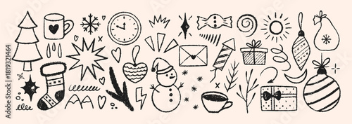 Set of elements for xmas illustration with crayon, pastel or chalk texture. Hand drawn vector illustration.