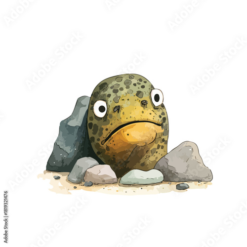 Curious Cartoon Frog Character Peeking from Rocks.