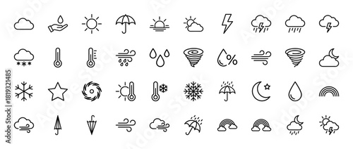 Weather forecast line icon set. Vector pictograms of sun, clouds, rain, lightning, umbrella, thermometer, snowflake, wind, and rainbow, thin linear illustration.