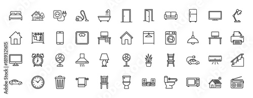 Household line icon set. Vector pictograms of bed, bathtub, house, sofa, refrigerator, washing machine, desk, television, car, air conditioner, toilet, and microwave, thin linear illustration.