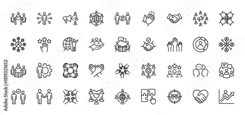 Teamwork line icon set. Vector pictograms of collaboration, networking, communication, handshake, meeting, global community, engagement, and leadership, thin linear illustration.