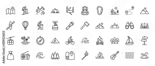 Outdoor adventure line icon set. Vector pictograms of mountains, backpack, map, compass, campfire, tent, kayak, cyclist, and hiker, thin linear illustration.