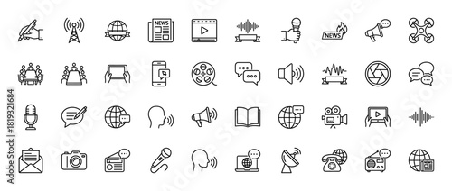 Media and communication line icon set. Vector pictograms of microphone, video player, newspaper, drone, smartphone, megaphone, chat, camera, radio, thin linear illustration.