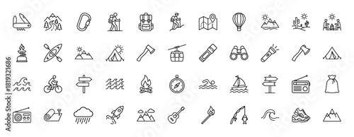 Outdoor adventure line icon set. Vector pictograms of a hiker, backpack, tent, campfire, map, compass, kayak, and mountains, thin linear illustration.