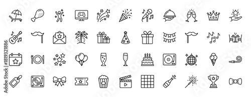 Celebration and party line icon set. Vector pictograms of a party popper, microphone, gifts, champagne, cake, balloons, disco ball, and fireworks, thin linear illustration.