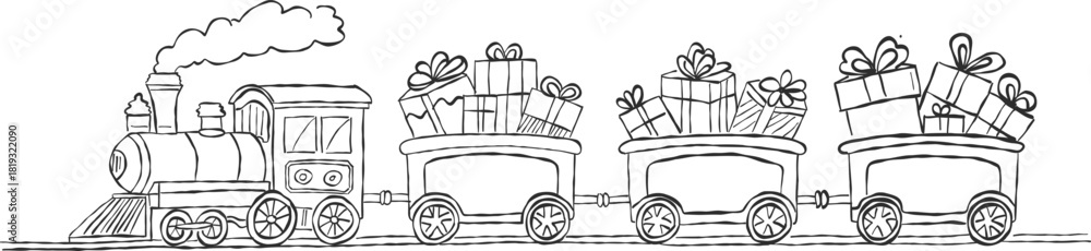 Fototapeta premium Hand drawn Christmas gift train illustration with vintage sketch style, festive holiday scene of locomotive carrying presents