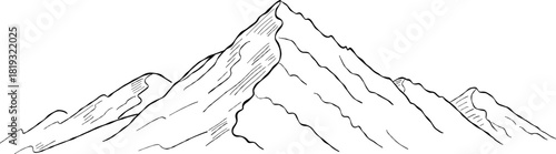 Hand drawn mountain landscape line art illustration with minimalist contour sketch of peaks and ridges for nature wall art and outdoor themed designs