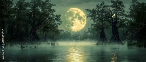 A mystical night scene featuring a large full moon glowing over a tranquil wetland, with silhouetted trees draped in Spanish moss and a shimmering water surface reflecting the moonlight.