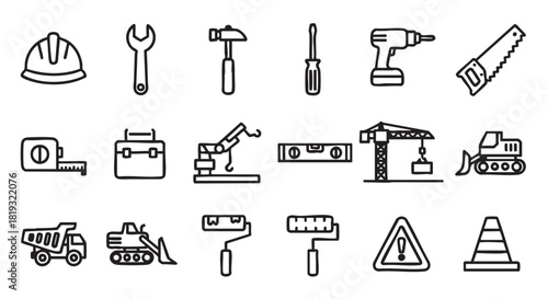 Construction and Industry Icons Representing Building Tools and Heavy Machinery