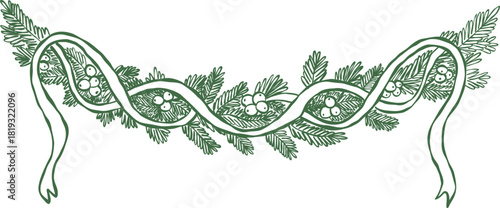 Hand drawn Christmas garland with ribbon and evergreen branches. Rustic holiday decoration sketch for festive cards and winter design