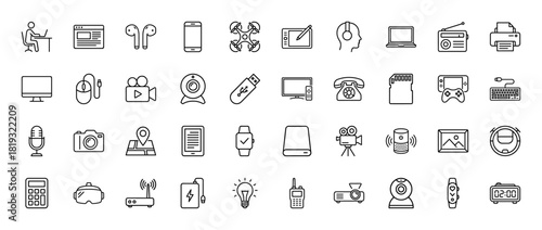 Modern technology line icon set. Vector pictograms of smartphone, drone, headphones, monitor, keyboard, camera, smartwatch, VR headset, thin linear illustration.