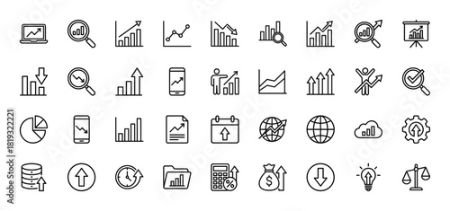 Business and finance line icon set. Vector pictograms of bar charts, line graphs, magnifying glasses, laptop, smartphone, money bags, calendars, globes, and calculators, thin linear illustration.