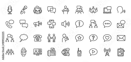 Communication line icon set. Vector pictograms of microphone, chat bubbles, meeting, phone, laptop, email, and video call, thin linear illustration.