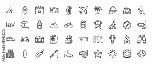 Travel and tourism line icon set. Vector pictograms of airplane, cruise ship, car, tent, mountains, beach umbrella, passport, camera, skis, backpack, and hotel, thin linear illustration.