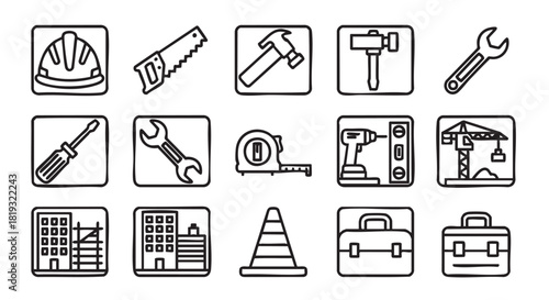 Construction industry icons set for building and maintenance work sites