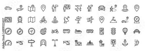 Navigation and transportation line icon set. Vector pictograms of maps, location pins, various vehicles, compasses, signs, and urban elements, thin linear illustration.