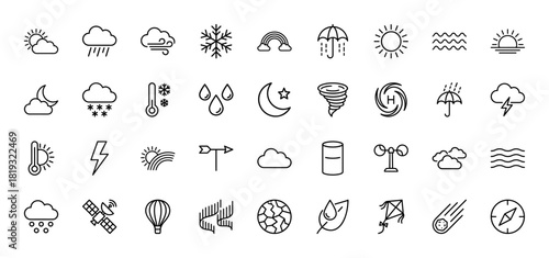 Weather and climate line icon set. Vector pictograms of sun, clouds, rain, snow, wind, lightning, rainbow, thermometer, moon, tornado, and compass, thin linear illustration.