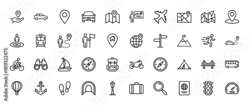 Travel and navigation line icon set. Vector pictograms of map, location pin, car, airplane, train, bus, globe, compass, and luggage, thin linear illustration.