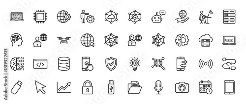 Technology line icon set. Vector pictograms of gear, robot, globe, laptop, cloud, chip, server, drone, brain, network, shield, chart, lock, storage, camera, thin linear illustration.