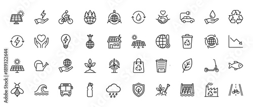 Ecology and environment line icon set. Vector pictograms of globe, solar panels, electric car, recycling symbol, tree, wind turbine, bus, and dam, thin linear illustration.