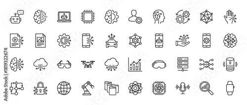 Digital technology and artificial intelligence line icon set. Vector pictograms of brain, robot, CPU, cloud, server, drone, VR, and smartwatch, thin linear illustration.