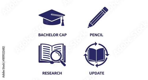 Vector illustration of bachelor cap, pencil, research, and update icons isolated on