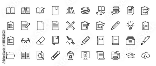 Education and office line icon set. Vector pictograms of books, documents, pencils, pens, clipboards, notebooks, folders, and a graduation cap, thin linear illustration.