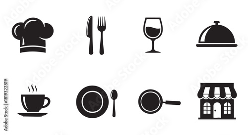 Culinary Icons Vector Set Chef Hat Utensils Plate and Coffee Cup