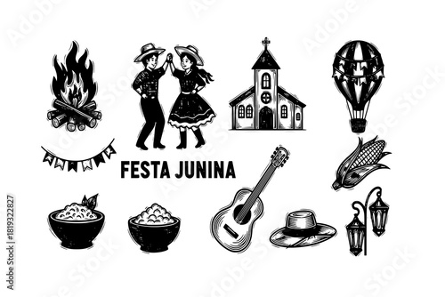 June party icons (ícones Festa Junina). Woodcut style and separate vectors.
