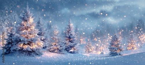Snowy forest celebrating Christmas with enchanting festive lights