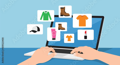Vector illustration of online shopping concept with laptop and product images on a blue background