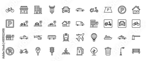 Urban transport and city infrastructure line icon set. Vector pictograms of car, bike, scooter, parking, building, bus, train, plane, ship, light, gas, tree, bench, trash, thin linear illustration.