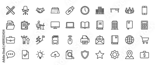 Business and office line icon set. Illustrations of workplace elements, technology, planning, finance, communication, and global concepts.
