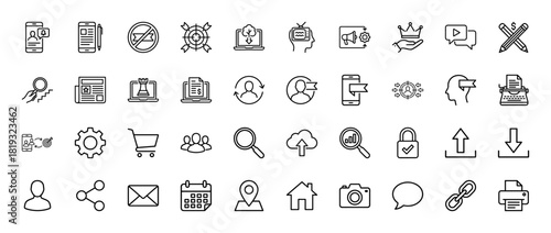 Digital marketing and business line icon set. Vector pictograms including megaphone, smartphone, target, laptop, user, and others, thin linear illustration.