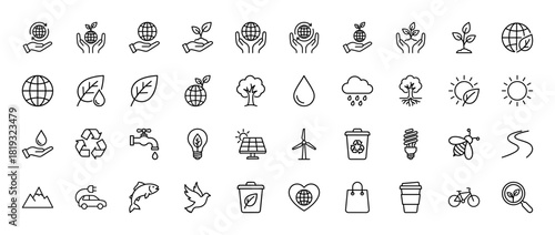 Ecology line icon set. Vector pictograms of hands, globe, plants, leaves, trees, sun, wind turbine, solar panel, light bulb, and recycle symbols, thin linear illustration.