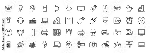 Electronics and home appliances line icon set. Vector pictograms of smartphone, laptop, television, refrigerator, vacuum cleaner, and plug, thin linear illustration.